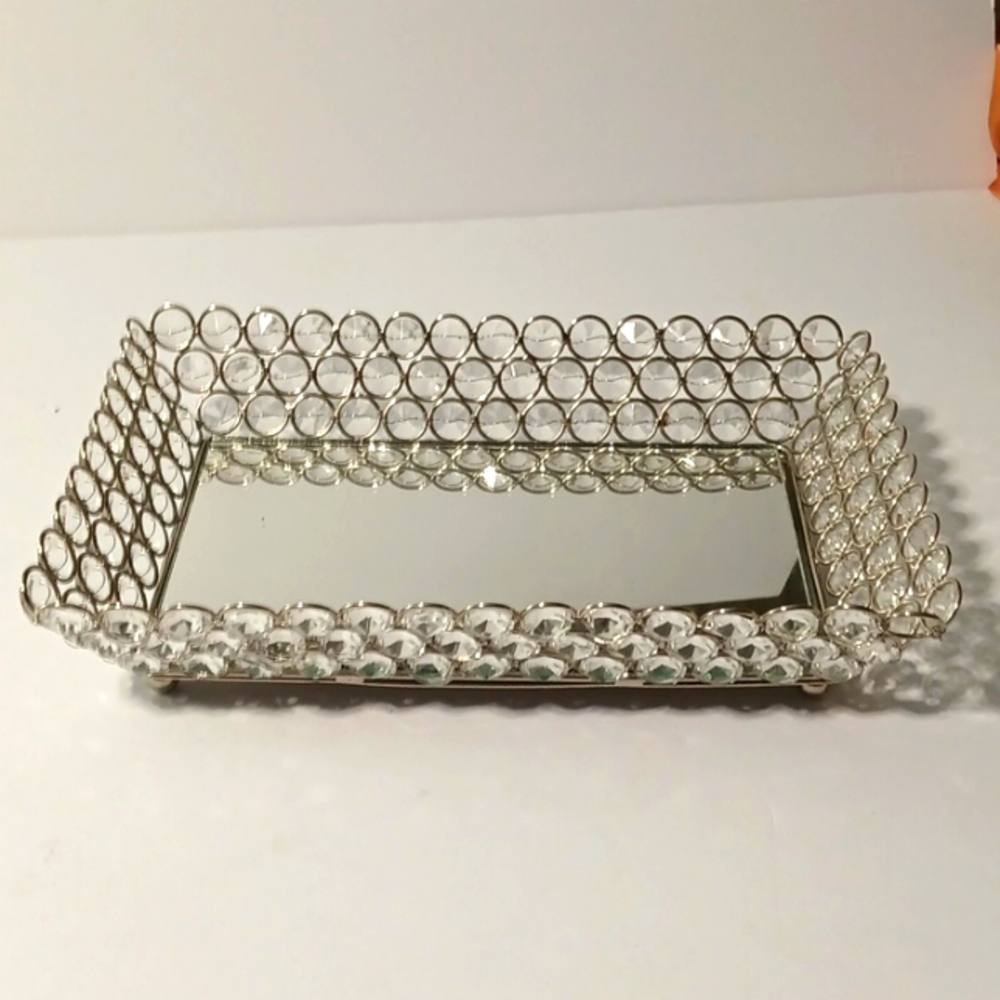 Elegant Silver Beaded Mirror Vanity Tray 10 Inches Long And 7 Inches Wide